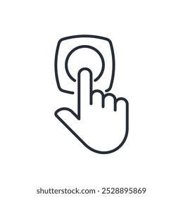 Hand pressed  button. Activation, start or launch, symbol, human arm pushing. Vector linear icon isolated on white background.