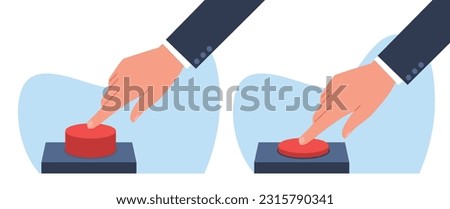 Hand pressed red button. Activation, start or launch, symbol, human arm pushing, choice or warning sign, finger pointing gesture, cartoon flat style isolated vector business concept Stock photo © 