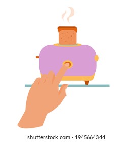 Hand presses butten of purple toaster Flat vector illustration