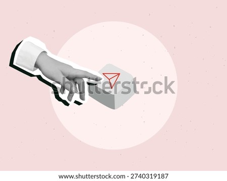 A hand presses a button with an airplane icon to send a message. Modern collage style. Vector illustration