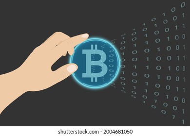 Presione a mano un botón con bitcoin. Botón Resumen. Diseño de vectores. Banca en línea. Símbolo de idea.