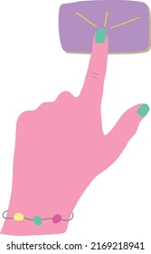 Hand presses a button, index finger clicks a button, isolated human hand