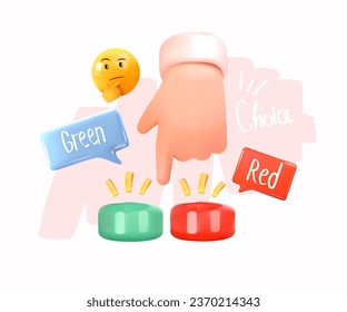 The hand presses the button with the index finger. Green and red buttons. Choosing between two options. In 3D style. Vector illustration.