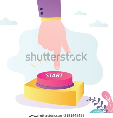 Hand presses button with inscription start. Thumb points to activation button. Businessman launching new project. Man activates innovative startup. Successful business inclusion. Vector illustration