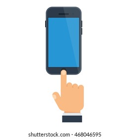 Hand presses the button on the smart phone. Template for advertising brochures, flayers and info graphics. Cartoon flat vector illustration. Objects isolated on a white background.
