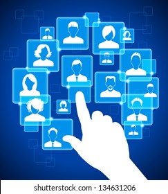 Hand Presses The Button On The Touch Screen. social media, communication in the global computer networks. File is saved in AI10 EPS version. This illustration contains a transparency