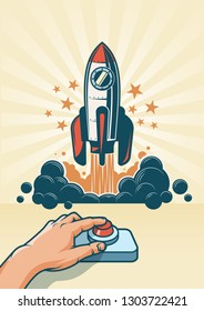 The hand presses the button and the rocket starts. Spaceship launch. Vector illustration in retro style.