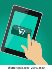 The hand presses the button with shopping cart. Vector illustration 