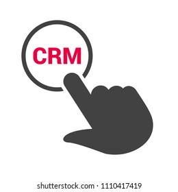 Hand presses the button with text "CRM". Vector illustration