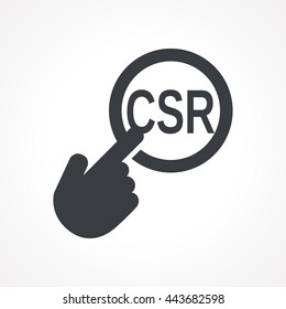 Hand presses the button with text "CSR". Vector illustration