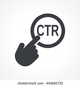 Hand presses the button with text "CTR". Vector illustration