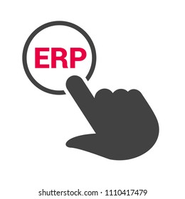 Hand presses the button with text "ERP". Vector illustration