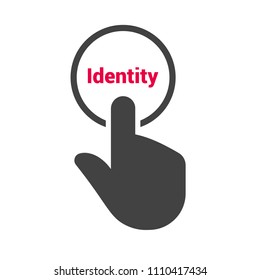 Hand presses the button with text "Identity". Vector illustration