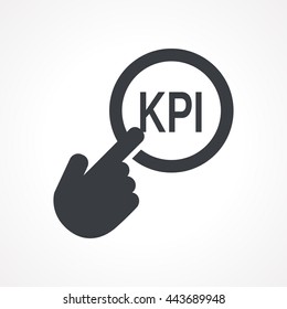 Hand presses the button with text "KPI". Vector illustration