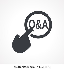 Hand presses the button with text "Q&A". Vector illustration