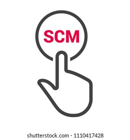 Hand presses the button with text "SCM". Vector illustration