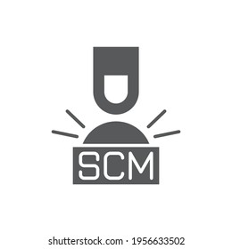 Hand presses the button with text SCM Vector illustration