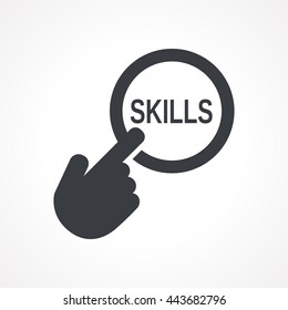 Hand presses the button with text "Skills". Vector illustration