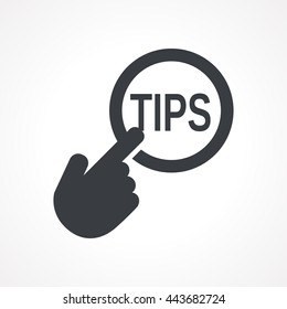 Hand presses the button with text "TIPS". Vector illustration