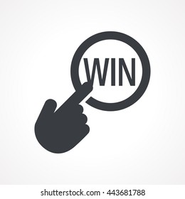 Hand presses the button with text "Win". Vector illustration