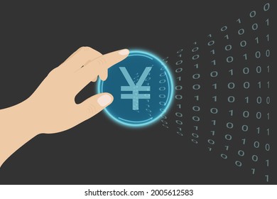 Hand presses a button with virtual Chinese yuan. Abstract button. Technological network vector illustration. Virtual electronic money, internet money.