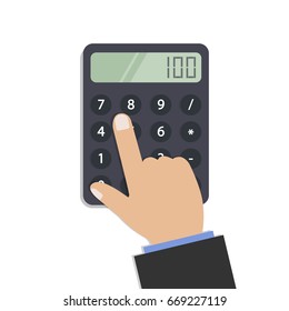 Hand presses the buttons of the calculator. Vector illustration on a white background