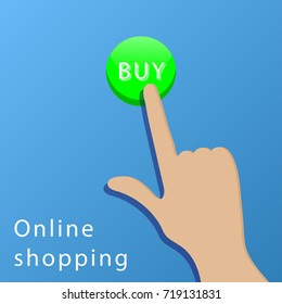 Hand presses the buy button on blue background. EPS10 vector illustration for online business, e-commerce, web, app. Green round button for online shopping, store.
