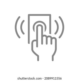 Hand presses the doorbell line icon. Ring the door bell symbol