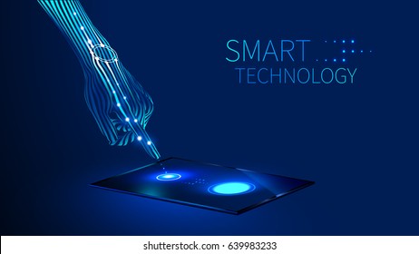 the hand presses the finger on the touch screen on the tablet or smart phone, which is on the table. Smart watch on hand. Future smart technology abstract concept.