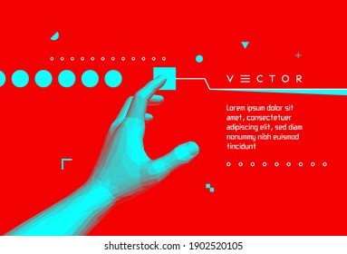 The hand presses the index finger on the button a virtual interface.  Technologies of the future. Connection structure. 3D vector illustration for science, technology or education.