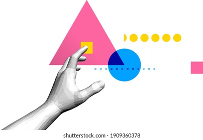 The hand presses the index finger on the button a virtual interface.  Technologies of the future. Connection structure. 3D vector illustration for science, technology or education.