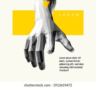 The hand presses the index finger on the button a virtual interface.  Cover design template. Technologies of the future. 3D vector illustration for science, technology or education.