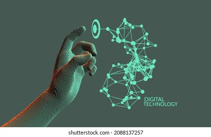 The hand presses the index finger on the button a virtual interface.  Technologies of the future. Connection structure. Mesh data. 3D vector illustration for science, technology or education.