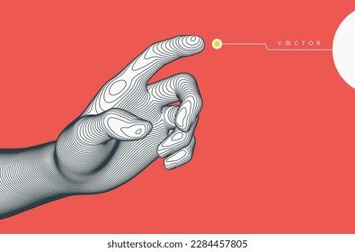 The hand presses the index finger on the button a virtual interface.  Technologies of the future. Connection structure. 3D vector illustration for science, technology or education.