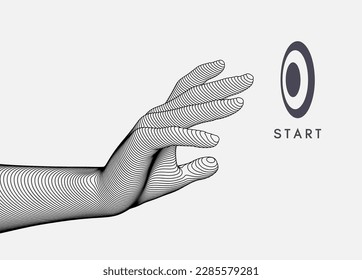 The hand presses the index finger on the start button a virtual interface.  Technologies of the future. Connection structure. 3D vector illustration for science, technology or education.