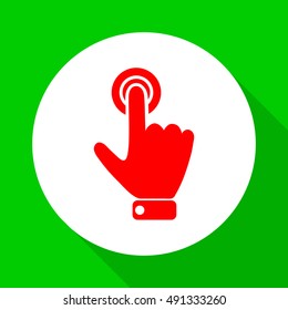 
Hand presses the index finger on the button.Vector icon.