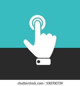 
Hand presses the index finger on the button.Vector icon.