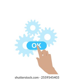 Hand presses OK button, with gear behind. illustration finished making settings. flat style vector.