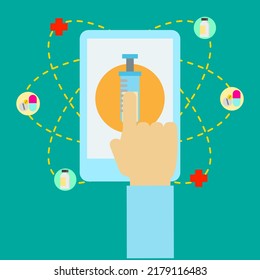 hand presses on a mobile application to collect information about hospitals, medicines, vaccines.flat concept design illustration Vector Phone, cell phone ui interface mockup. Medical syringe icons.
