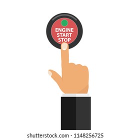The hand presses the on / off button of the car. Vehicle start button. Flat design, vector illustration, vector.