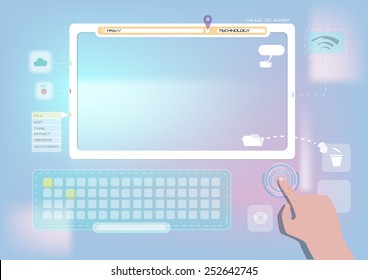 Hand Presses On Screen Of Digital Computer With Flat Operating System. Neat And Nice Flat User Interface.