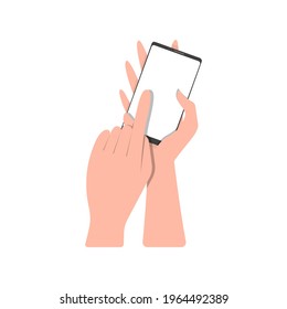 The hand presses on the touchscreen of the phone. Front view. Vector illustration, flat cartoon design, isolated on white background, eps 10. Use technology, progress, phone application.