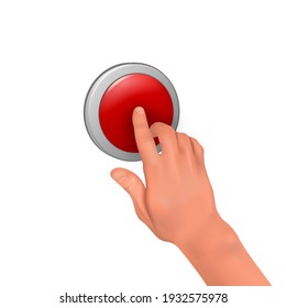 The hand presses the red button.The concept of danger, anxiety, attention. 
3D.Vector realistic illustration.  
