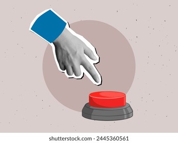 Hand presses the red button. Vector illustration in a modern collage style