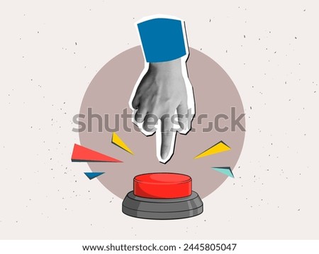 Hand presses the red button. Vector illustration in a modern collage style