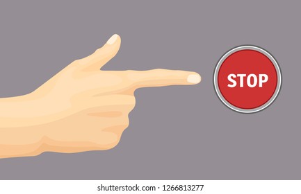 Hand presses the red Stop button. Vector illustration in flat style.