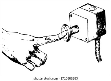 the hand presses a round button