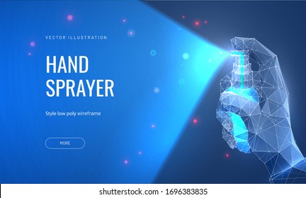 Hand presses sanitizer. Low poly wireframe style. Concept of disinfection, prevention of virus infections. Polygonal abstract isolated on blue background. Vector illustration