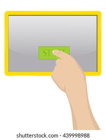The hand presses the start button on the tablet. Vector illustration
