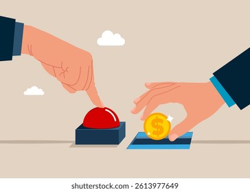 Hand presses the start red button. Push start to open door and putting coin a pit money savings. Value of money increases over time. Modern vector illustration in flat style 